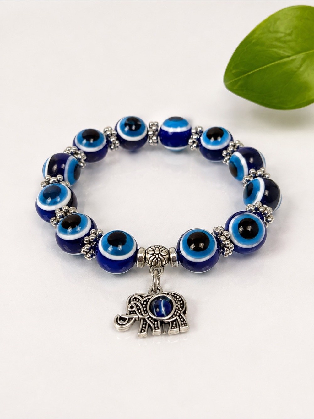 Blue Evil Eye Beaded Bracelet with Elephant Charm - Women Jewelry